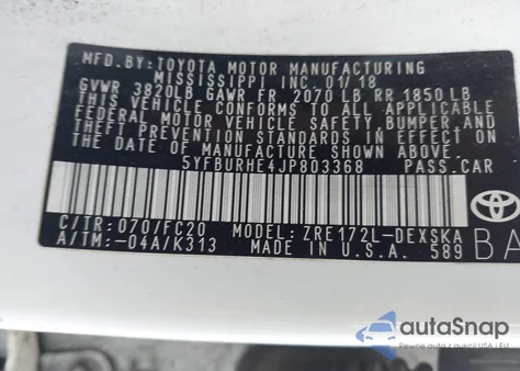 2018 Toyota Corolla Se z USA, uszkodzony, nr VIN 5YFBURHE4JP803368